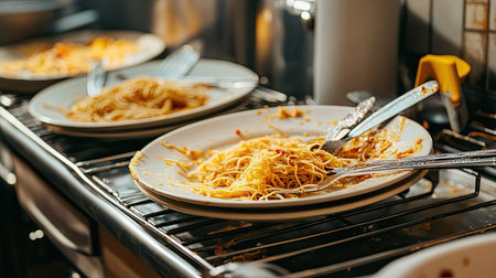 Dirty plates with dried spaghetti remnants and utensils, piled on a dish rack in a kitchenの素材