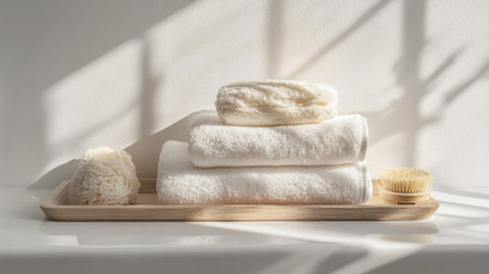 Folded towels and a loofah arranged artfully on a tray in a spa treatment room.の素材