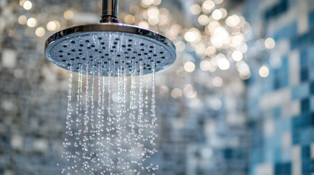 Close-up of water drops clinging to a foggy glass shower door, with blurred tiles in the background.の素材
