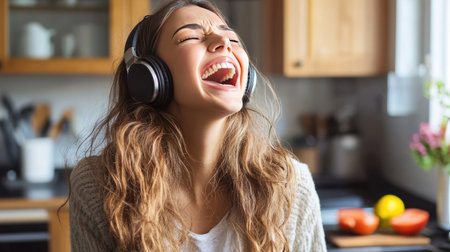 Woman with wireless headphones laughing as she sings along to music while cooking in her kitchenの素材