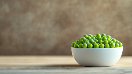 A close-up of vibrant green peas in a white bowl with a sprinkle of dew drops, resting on a light wooden backgroundの素材