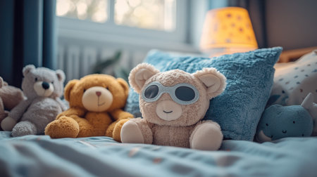 A fun animal-shaped eye mask resting on a child's bed, styled with plush toysの素材