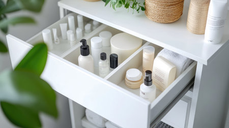 A drawer in a white bathroom cabinet, pulled out to display skincare products and toiletriesの素材