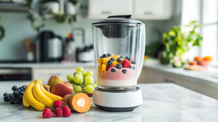 A container of whey protein powder, a blender, and fresh fruits on a marble kitchen island, ready to prepare a smoothieの素材
