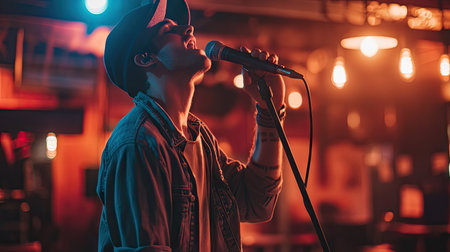 A singer in a casual outfit performing on an open mic night stage with a microphone standの素材