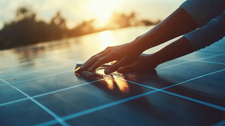 A close-up of hands scrubbing dirt off a solar panel with specialized cleaning toolsの素材