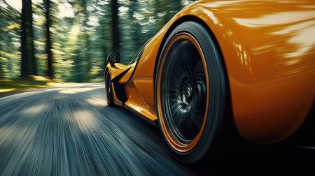 A close-up shot of spinning wheels of a sports car with motion blur emphasizing the speedの素材