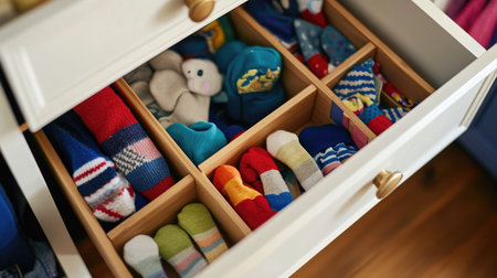 A drawer in a child's dresser pulled open, showing a mix of colorful socks and small accessoriesの素材
