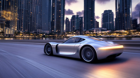 A silver sports car speeding past a city skyline at dusk, with motion blur and glowing headlightsの素材