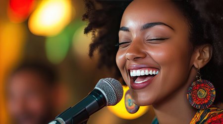 A female performer smiling brightly as she sings into a microphone, engaging with the audienceの素材