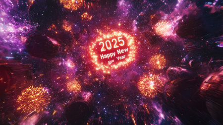 A cosmic-inspired design with  Happy New Year appearing as if written in stardust among fireworksの素材