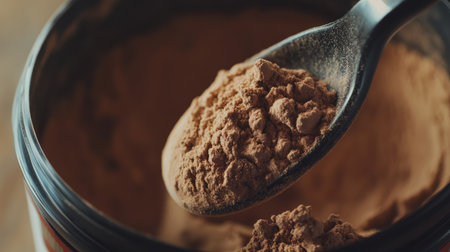 A detailed shot of whey protein powder being scooped out of a container with a glossy labelの素材