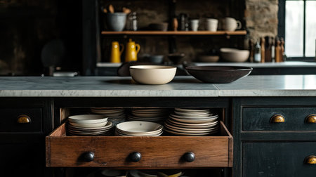 A drawer in a kitchen island partially open, filled with neatly stacked plates and bowlsの素材