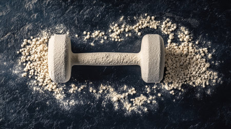 A creative shot of whey protein powder forming a shape of a dumbbell on a black countertopの素材