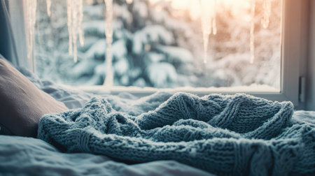 A cozy winter scene with a knitted, crumpled blanket on a bed near a window with frostの素材
