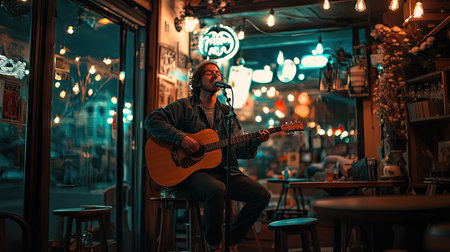 A solo artist with a guitar and microphone singing on a small stage in a cozy coffee shopの素材
