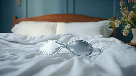 A soft satin eye mask placed on a neatly made bed with white linens in a serene bedroomの素材