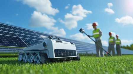 A solar panel cleaning robot in action while workers observe and monitor its performanceの素材