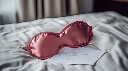 Satin eye mask folded on a hotel bed with a complimentary note, creating a cozy welcomeの素材