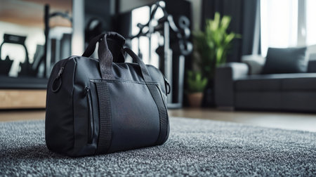 Stylish square gym bag resting on the carpet near a home fitness corner in the living roomの素材