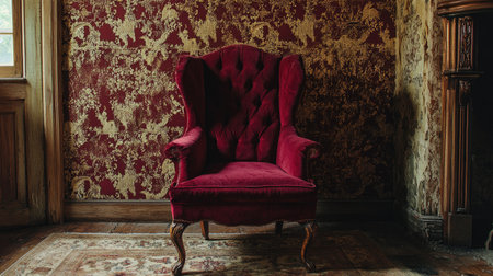 Vintage red velvet throne chair set against a richly textured damask wallpaper in a regal interiorの素材