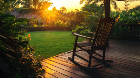 Traditional wooden rocking chair placed on a porch, overlooking a lush garden at sunsetの素材