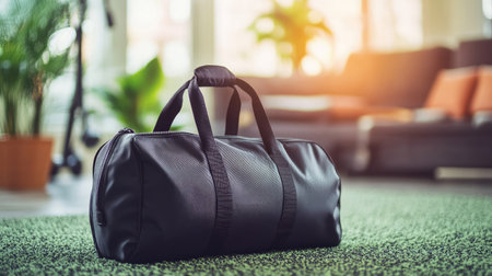 Stylish square gym bag resting on the carpet near a home fitness corner in the living roomの素材