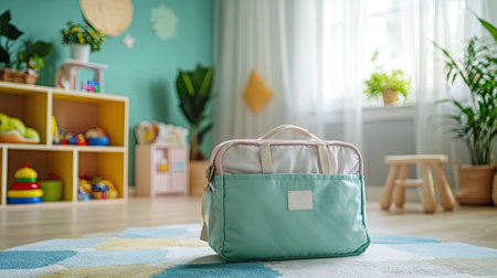 Square diaper bag casually placed on a soft rug near a play area in a family living roomの素材