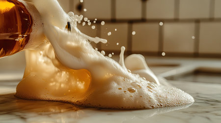 Thick foam spilling out of a bottle onto a marble countertop with soft lightingの素材
