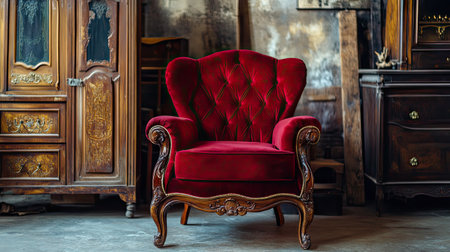 Vintage red velvet armchair surrounded by antique furniture in a historical settingの素材