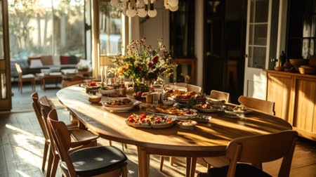 Wooden dining table with a festive spread of food, surrounded by chairs, ready for a family gatheringの素材