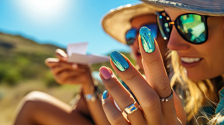 Two workers discussing blueprints while standing next to solar panels under bright sunlightの素材