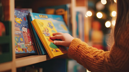 A child's small hand pulling a brightly illustrated book from a shelf in a cozy reading nook.の素材