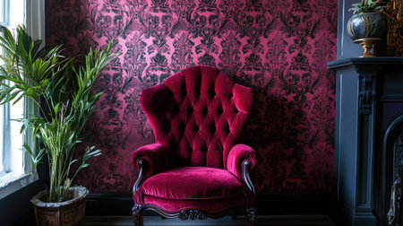 Vintage red velvet throne chair set against a richly textured damask wallpaper in a regal interiorの素材