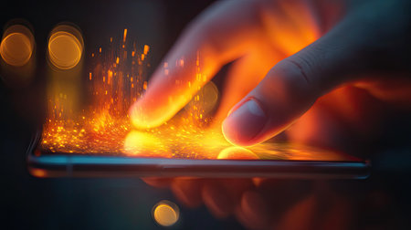 A hand playing a mobile game on a smartphone, with the game graphics glowing brightly on the screen.の素材