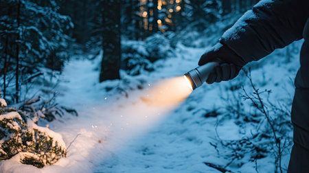 A hand with a flashlight casting light over a snowy trail during a nighttime hike.の素材