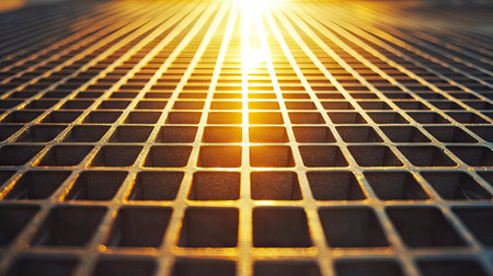 A large metallic grid panel on an urban building faade, sunlight reflecting off its smooth surfaceの素材