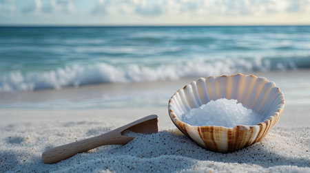 A beach setting with sea salt in a shell-shaped bowl and a small wooden scoop resting on it.の素材