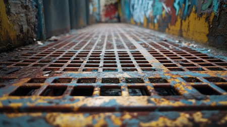 A heavily worn metallic grid platform, with peeling paint and visible signs of ageの素材