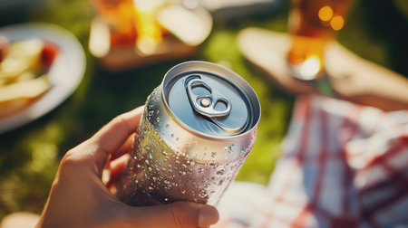 A hand lifting an open soda can with bubbles visible at the rim, placed against a picnic setting.の素材