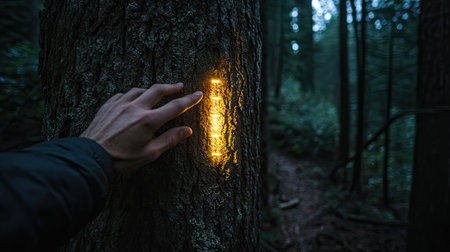 A hand with a flashlight illuminating the trail markers on a tree during a moonless hike.の素材