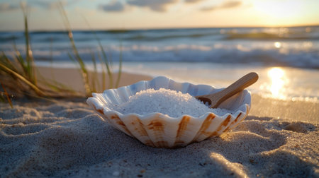 A beach setting with sea salt in a shell-shaped bowl and a small wooden scoop resting on it.の素材