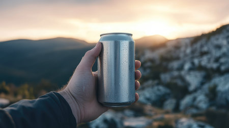 A chilled aluminum can in a man's hand with a mountain landscape in the distance.の素材
