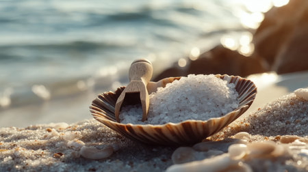 A beach setting with sea salt in a shell-shaped bowl and a small wooden scoop resting on it.の素材