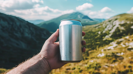A chilled aluminum can in a man's hand with a mountain landscape in the distance.の素材