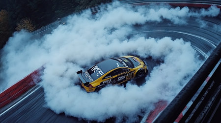 A high-angle view of a drift car creating a large smoke cloud during a hairpin turn on a trackの素材