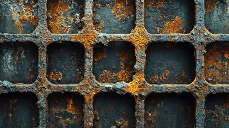 A heavily corroded metallic grid, flakes of rust scattered around, in an abandoned buildingの素材