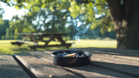 A cigarette burning slowly in an outdoor ashtray on a wooden picnic table under a treeの素材