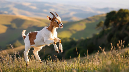 A young goat frolicking in a field, captured mid-jump, with rolling hills in the background.の素材
