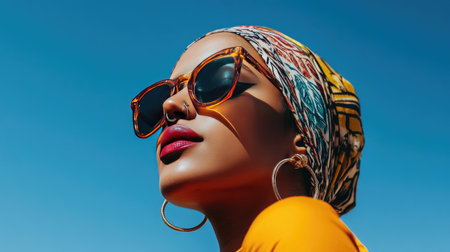 A woman with a hoop nose ring, wearing a bold patterned headscarf and statement sunglasses on a sunny day.の素材